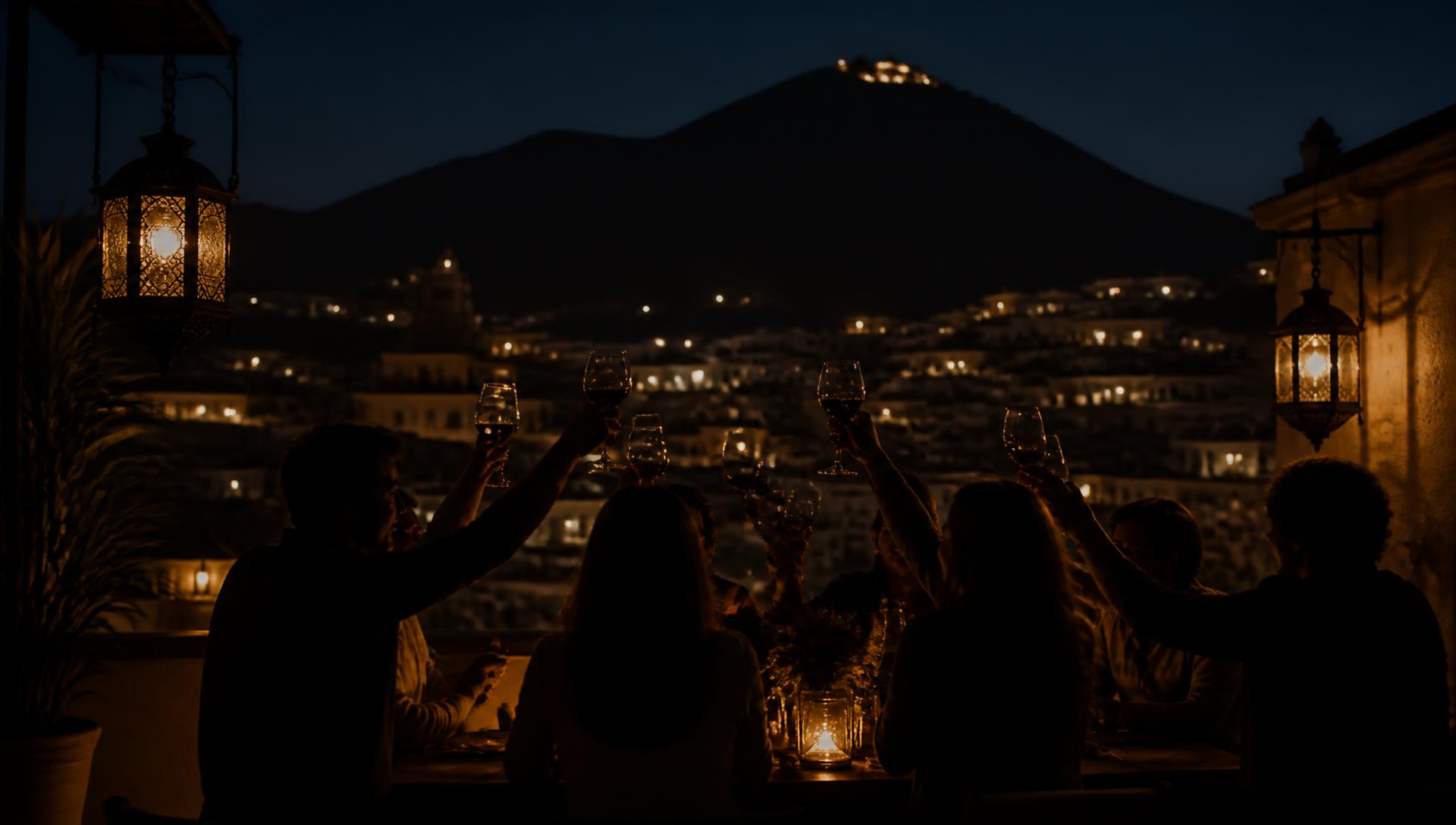 Brindis en un rooftop de noche con el cerro al fondo