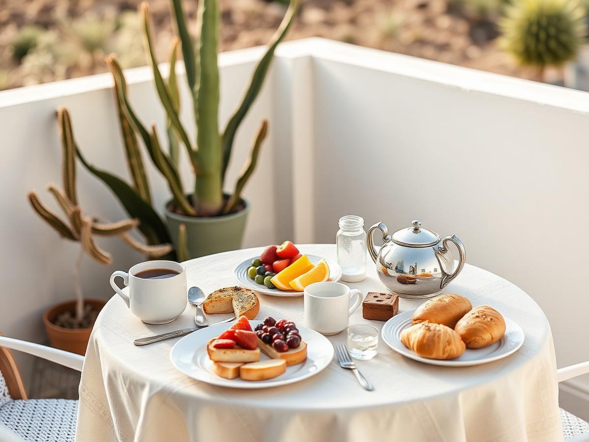 Desayuno servido en una terraza por la mañana