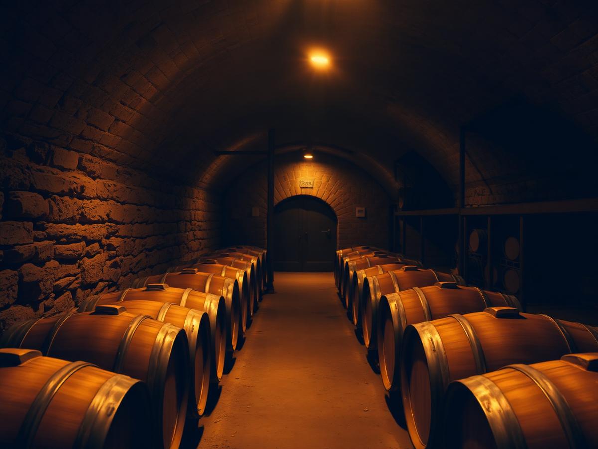 Barricas de vino en una cava de piedra