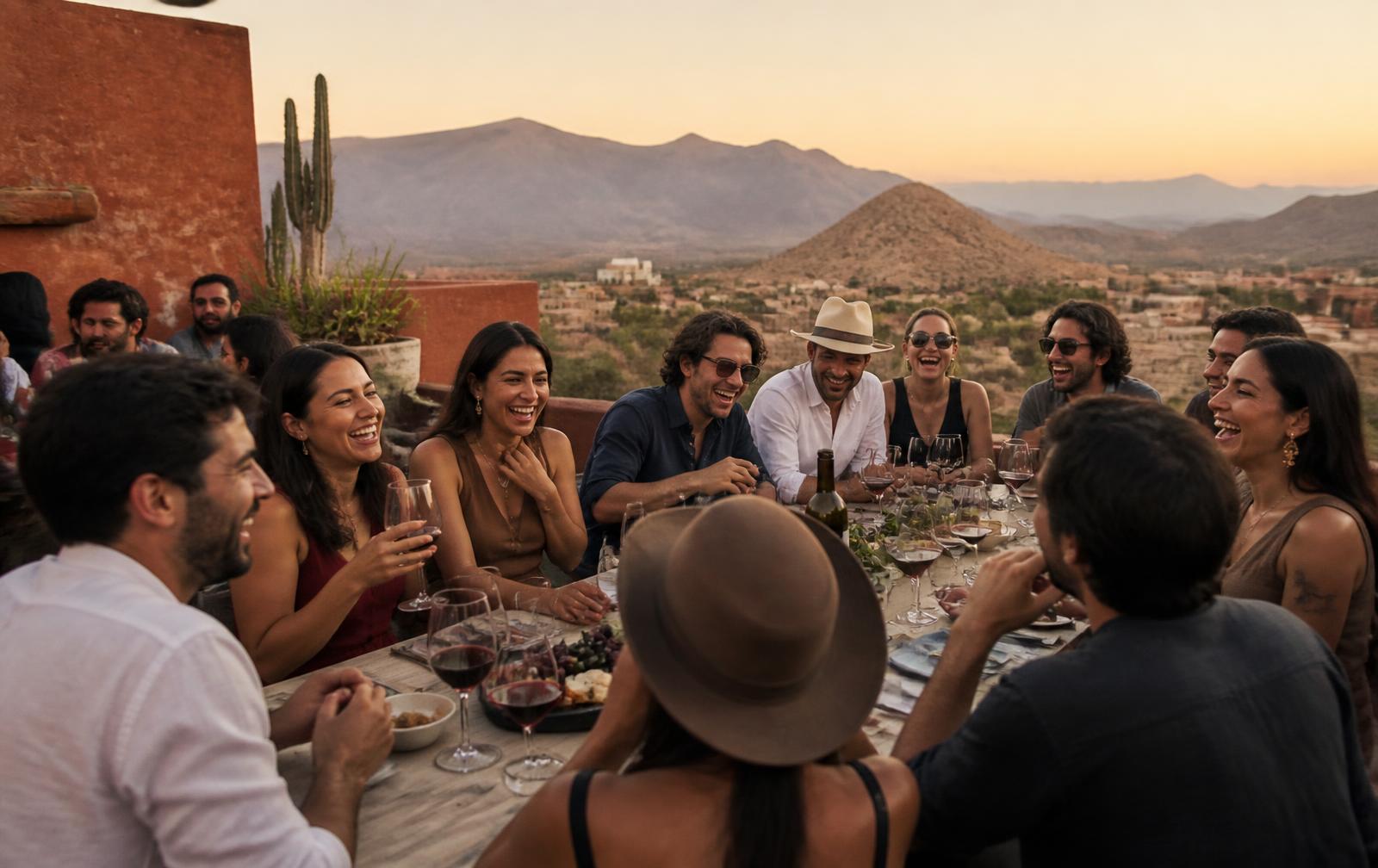 Grupo de amigos compartiendo la mesa al atardecer