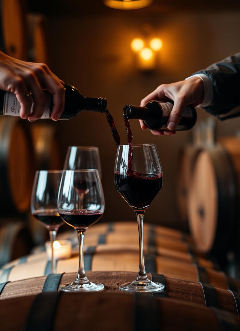 Servicio de vino tinto durante una cata en barrica